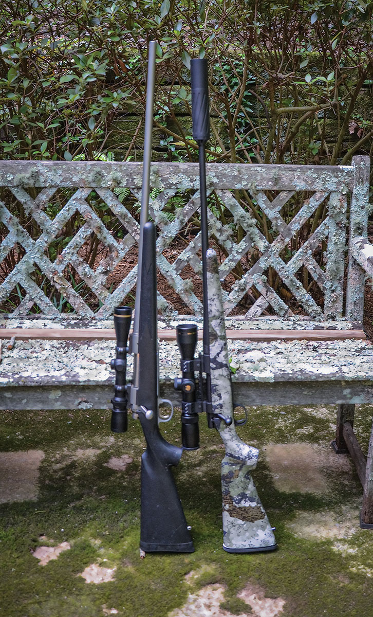 A suppressor adds length to a rifle so choosing a shorter rifle is a popular fix. Wearing a suppressor measuring seven inches long, a Howa Model 1500 Superlite with a 20-inch barrel in 7mm-08 Remington (right) alongside a Remington Model 700 SS with a 26-inch barrel in 300 Ultra Magnum with no suppressor (left).